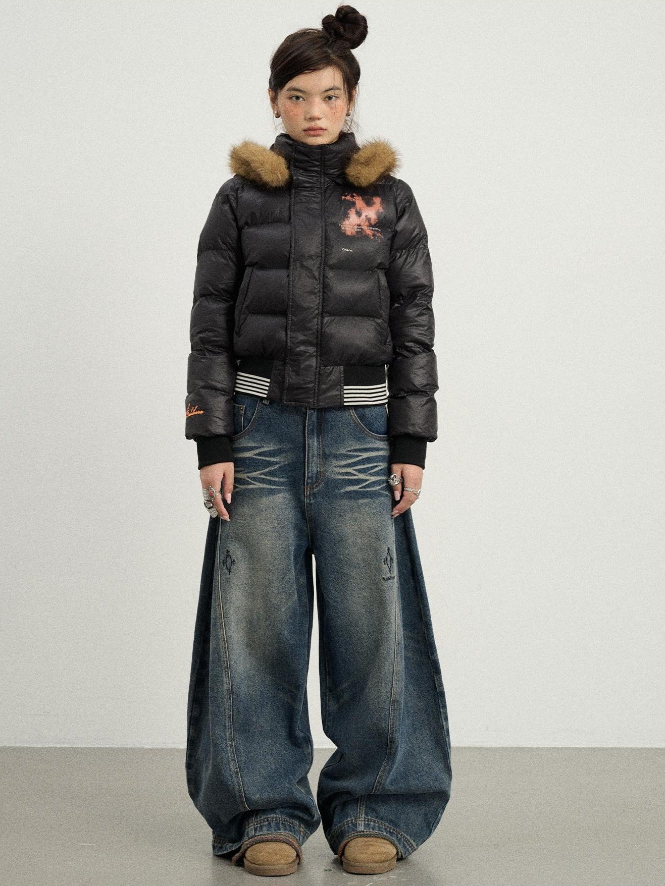 Achihara Cropped Straight Cut Detachable Hood Fur Collar Women'S Cotton Puffer Jackets