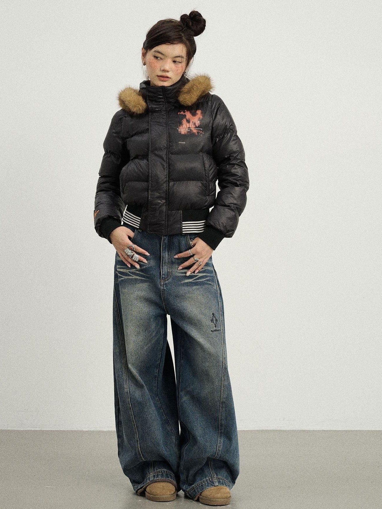 Achihara Cropped Straight Cut Detachable Hood Fur Collar Women'S Cotton Puffer Jackets