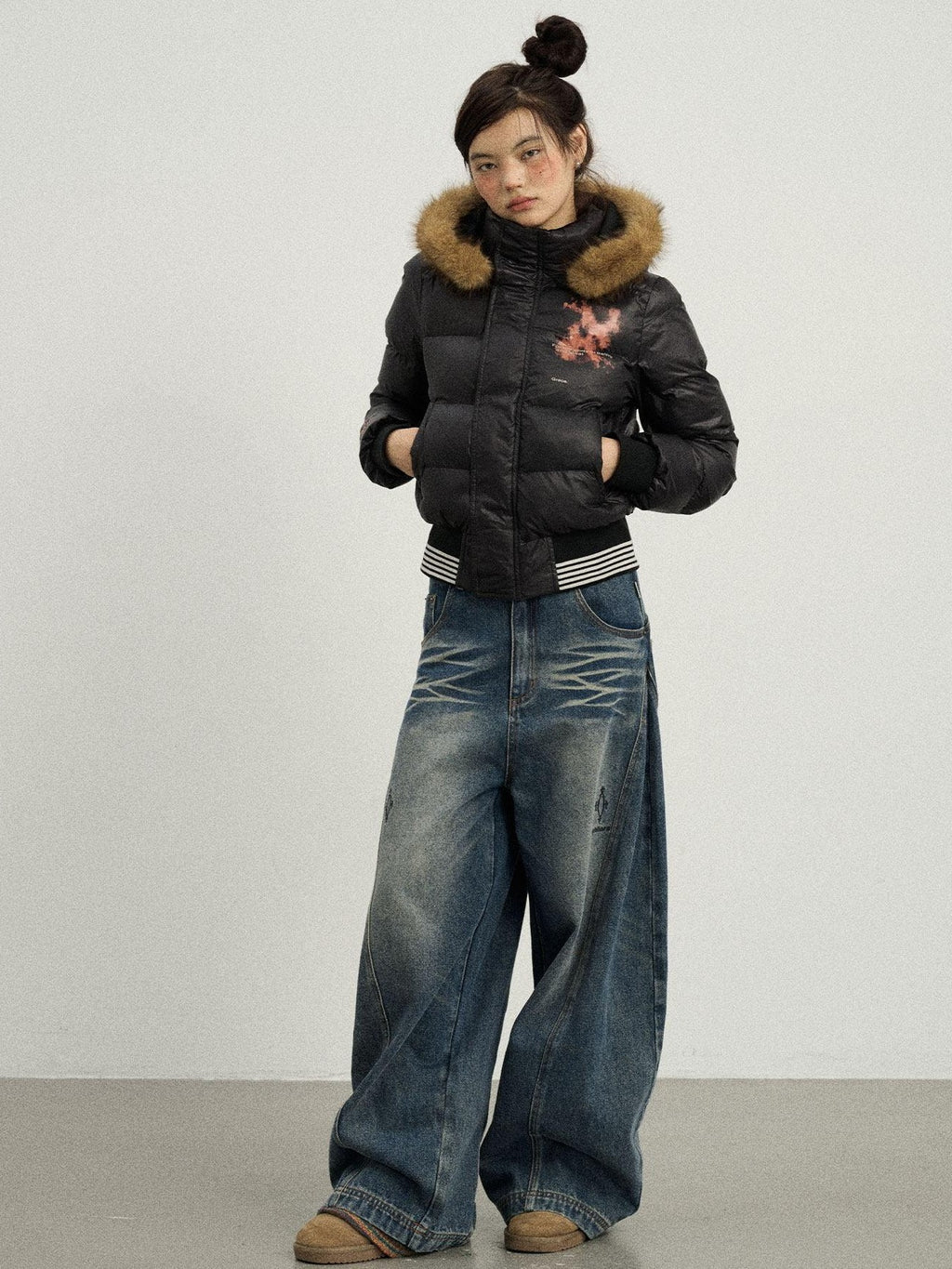 Achihara Cropped Straight Cut Detachable Hood Fur Collar Women'S Cotton Puffer Jackets