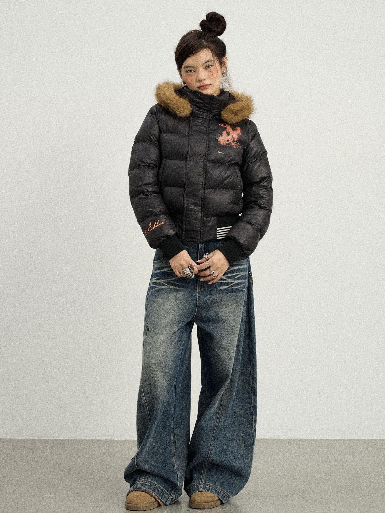 Achihara Cropped Straight Cut Detachable Hood Fur Collar Women'S Cotton Puffer Jackets