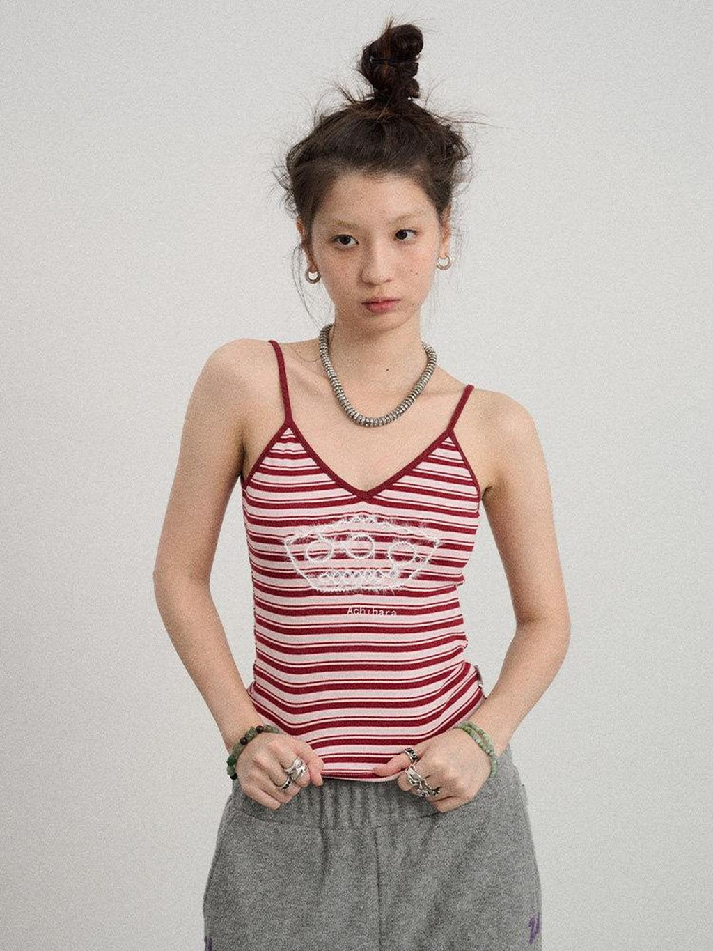 Achihara Cropped Striped Rope Embroidery Women'S Cotton Blend Camisoles