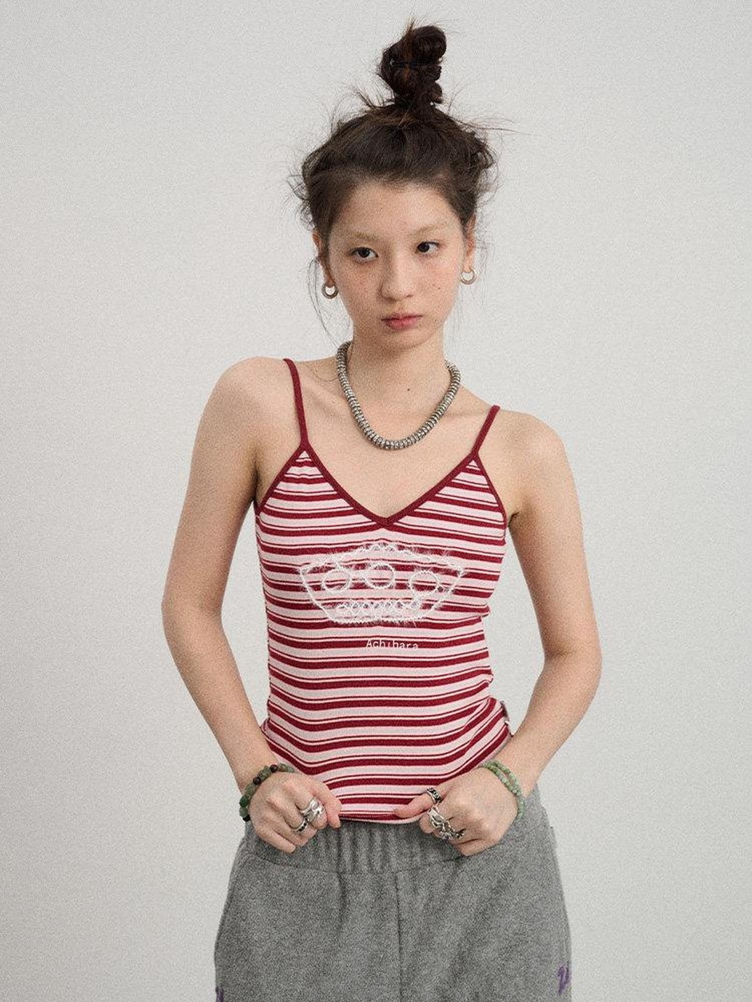 Achihara Cropped Striped Rope Embroidery Women'S Cotton Blend Camisoles