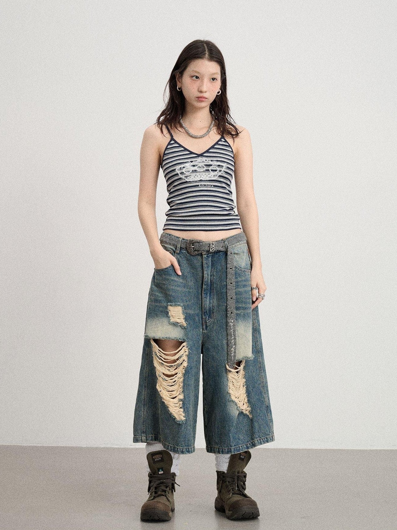 Achihara Cropped Striped Rope Embroidery Women'S Cotton Blend Camisoles