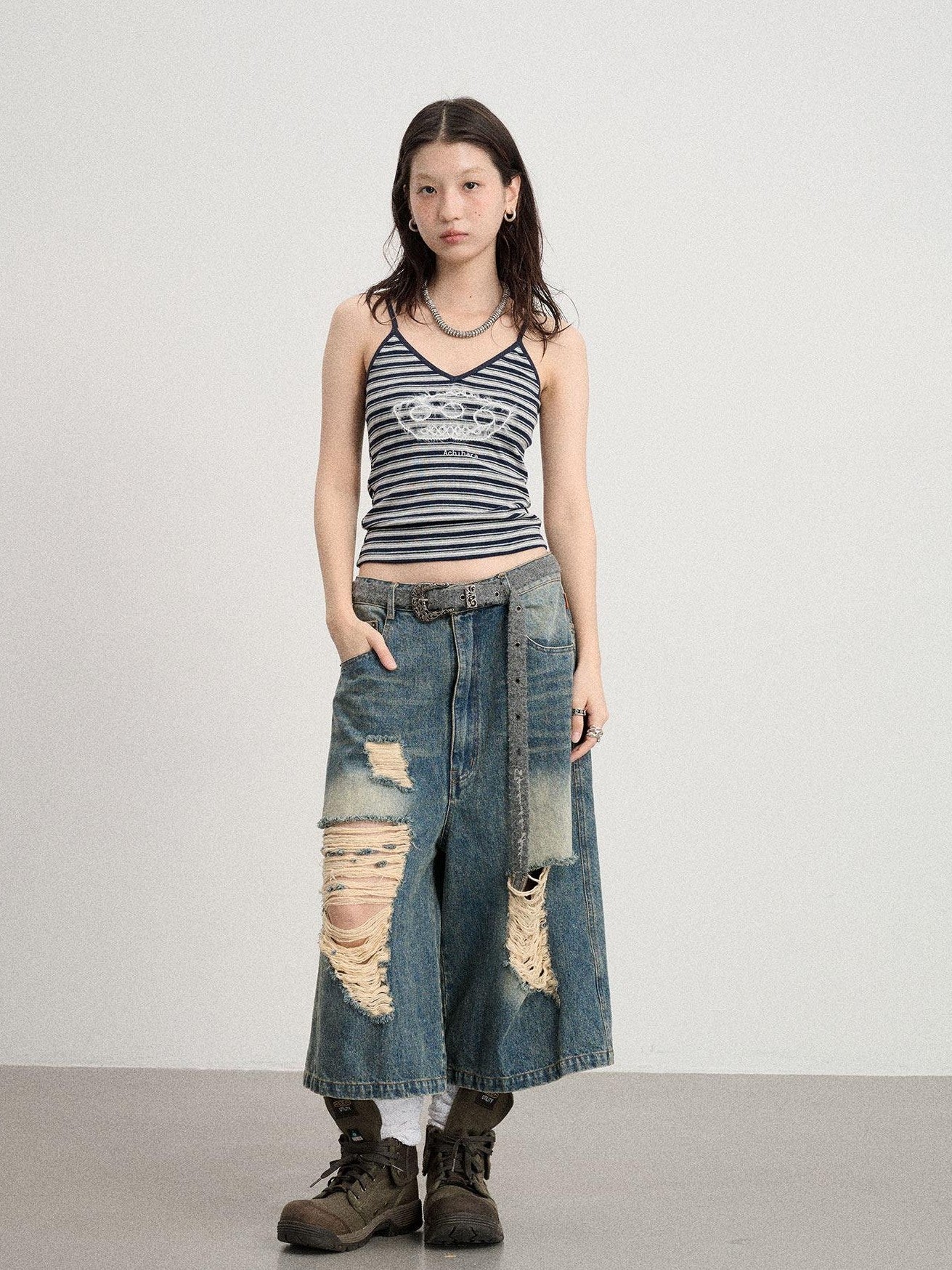 Achihara Cropped Striped Rope Embroidery Women'S Cotton Blend Camisoles
