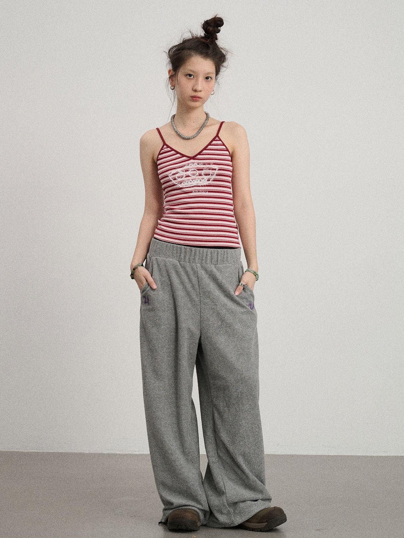 Achihara Cropped Striped Rope Embroidery Women'S Cotton Blend Camisoles