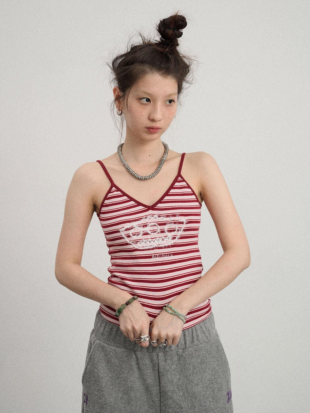 Achihara Cropped Striped Rope Embroidery Women'S Cotton Blend Camisoles