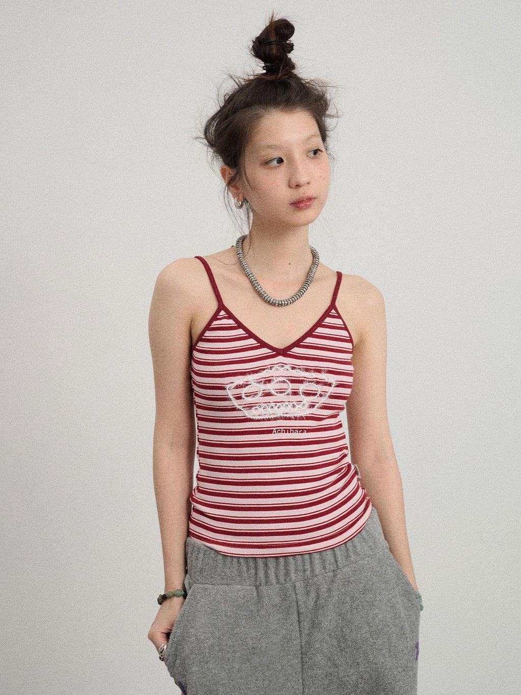 Achihara Cropped Striped Rope Embroidery Women'S Cotton Blend Camisoles