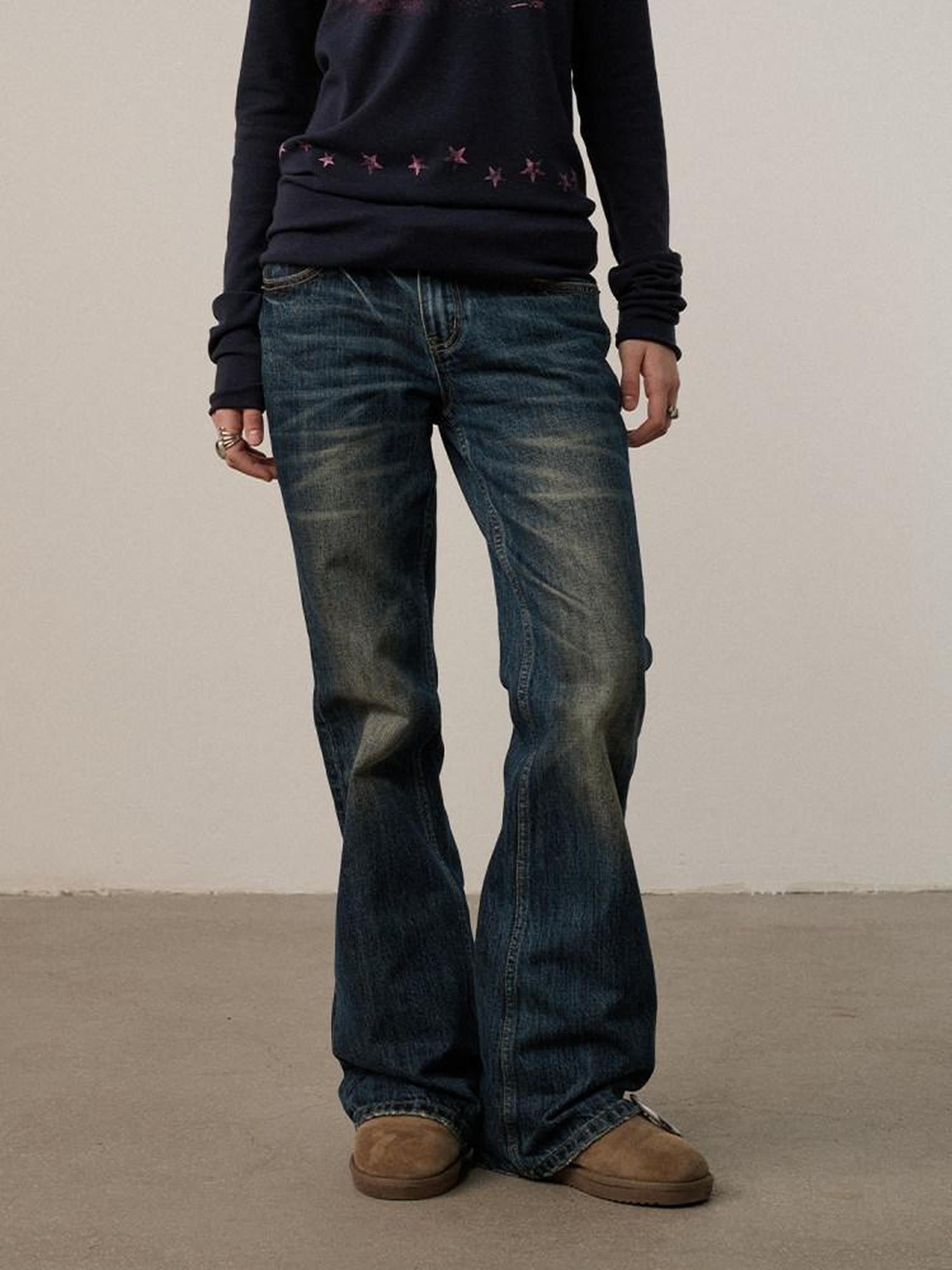 Achihara Dark Wash Distressed Low Rise Micro Flare Women'S Cotton Flare Jeans