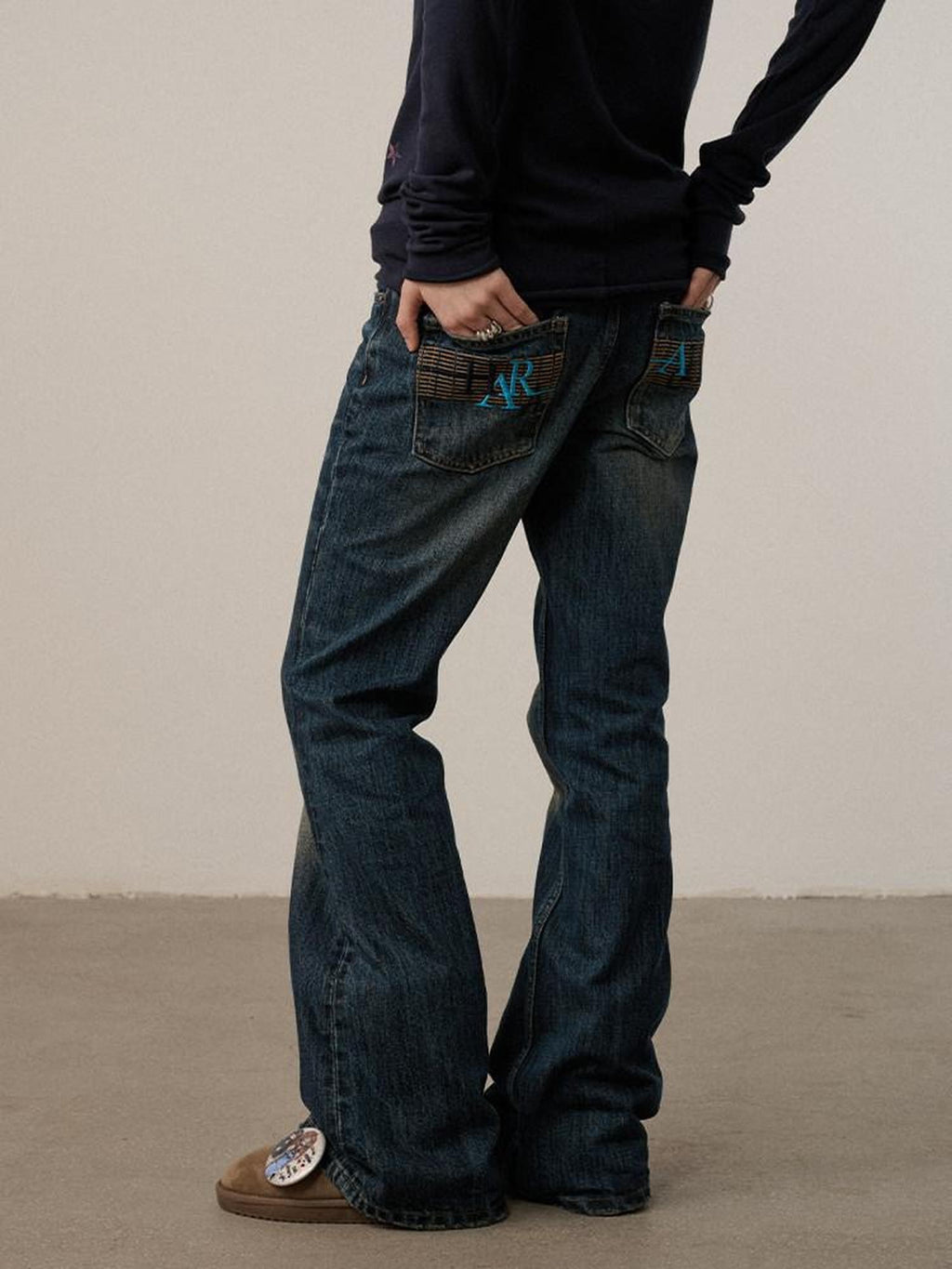 Achihara Dark Wash Distressed Low Rise Micro Flare Women'S Cotton Flare Jeans