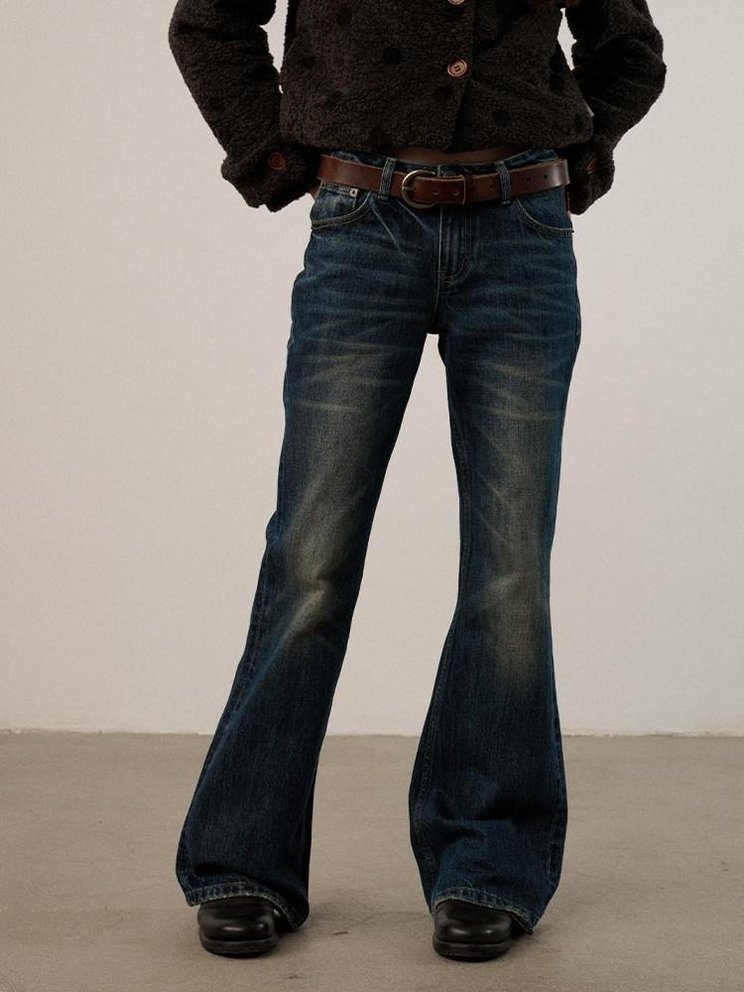 Achihara Dark Wash Distressed Low Rise Micro Flare Women'S Cotton Flare Jeans