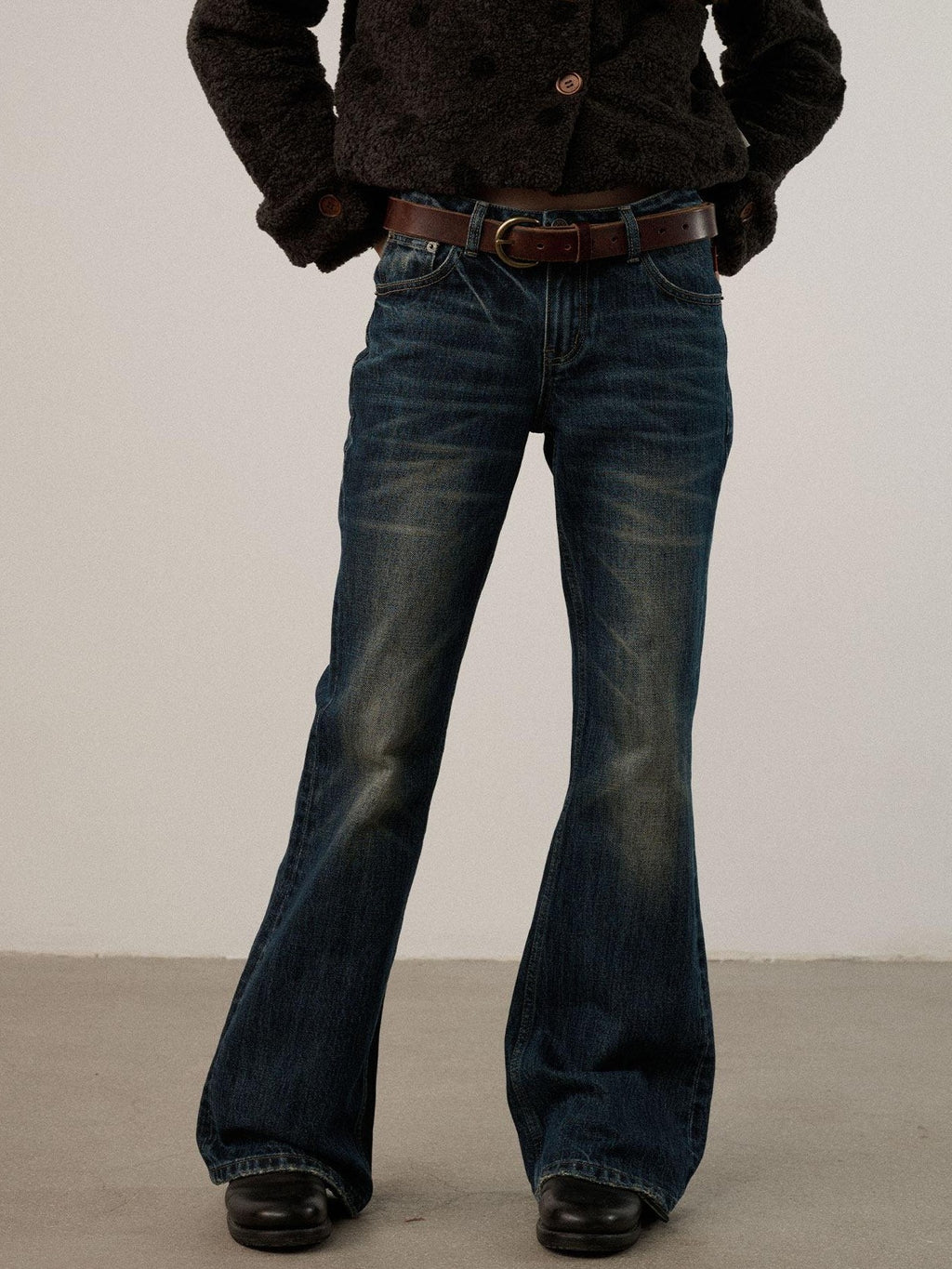 Achihara Dark Wash Distressed Low Rise Micro Flare Women'S Cotton Flare Jeans