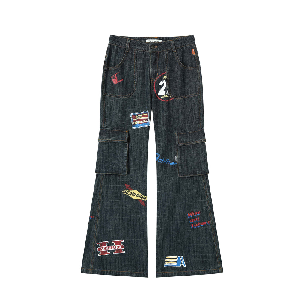 Achihara_Deep_Blue_Distressed_Stamp_Workwear_Women'S_Cotton_Stretch_Denim_Flare_Jeans_MISSTT