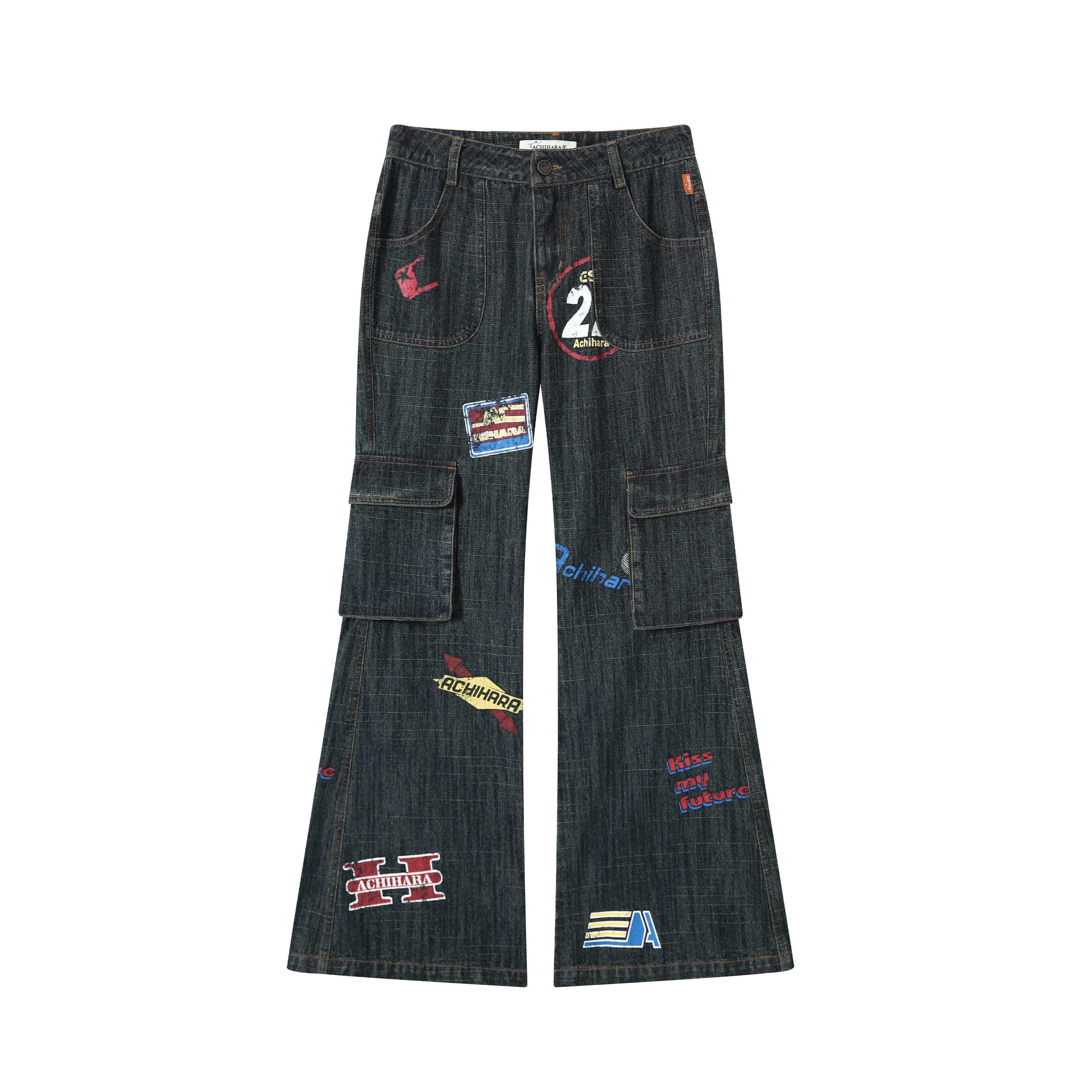 Achihara_Deep_Blue_Distressed_Stamp_Workwear_Women'S_Cotton_Stretch_Denim_Flare_Jeans_MISSTT