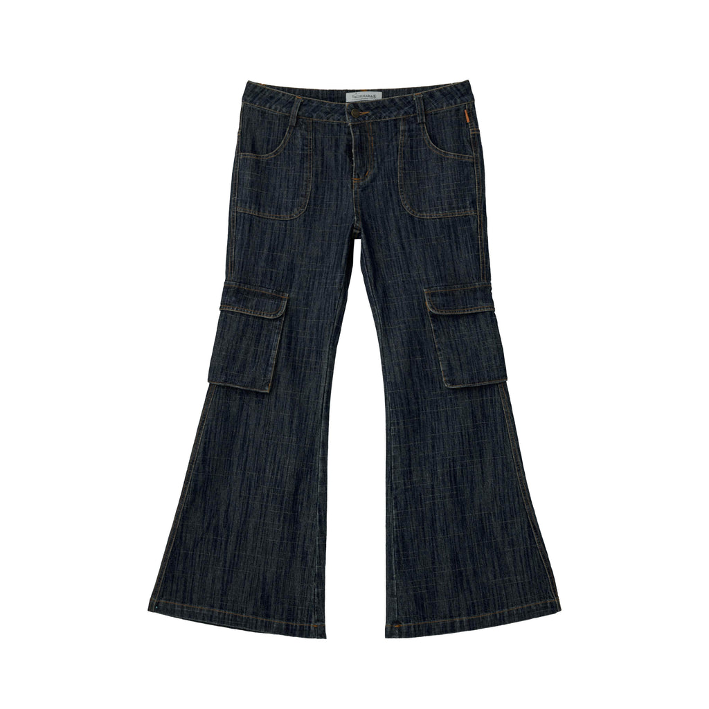 Achihara_Deep_Blue_Distressed_Stamp_Workwear_Women'S_Cotton_Stretch_Denim_Flare_Jeans_MISSTT