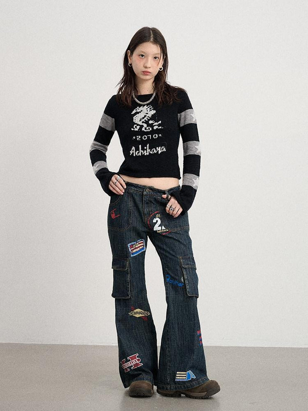 Achihara Deep Blue Distressed Stamp Workwear Women'S Cotton Stretch Denim Flare Jeans