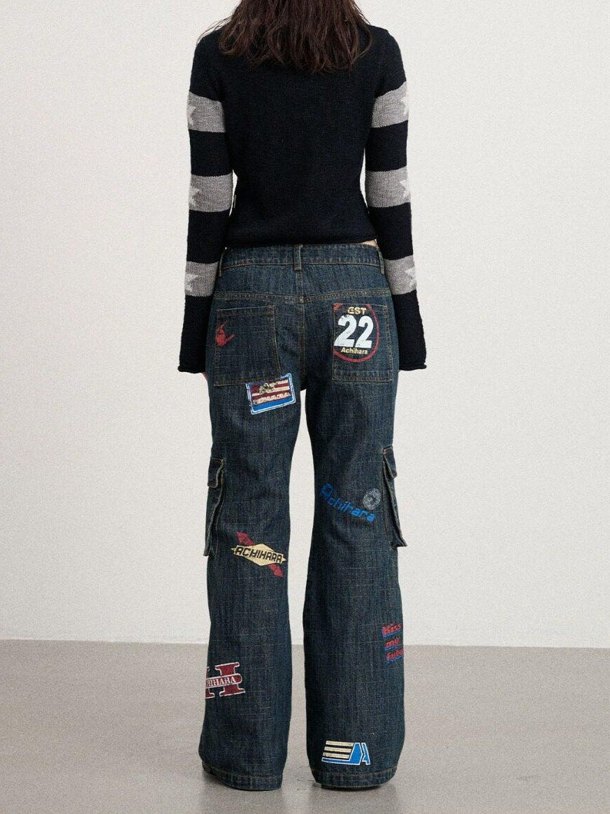 Achihara Deep Blue Distressed Stamp Workwear Women'S Cotton Stretch Denim Flare Jeans