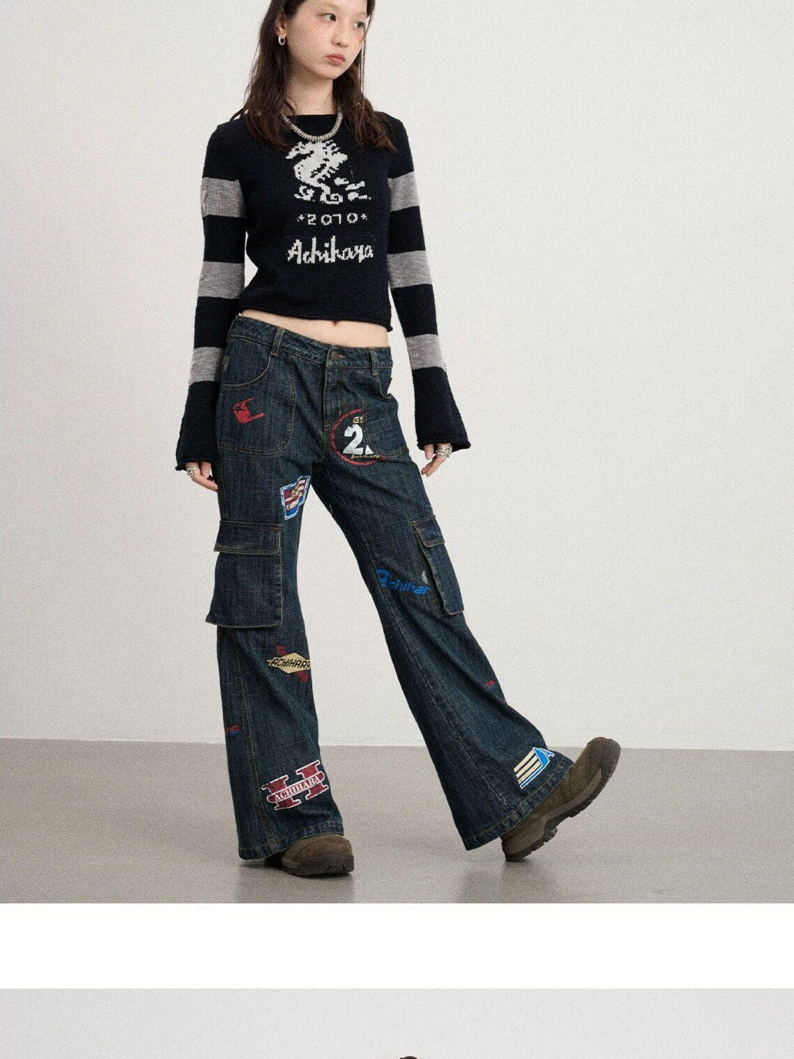 Achihara Deep Blue Distressed Stamp Workwear Women'S Cotton Stretch Denim Flare Jeans