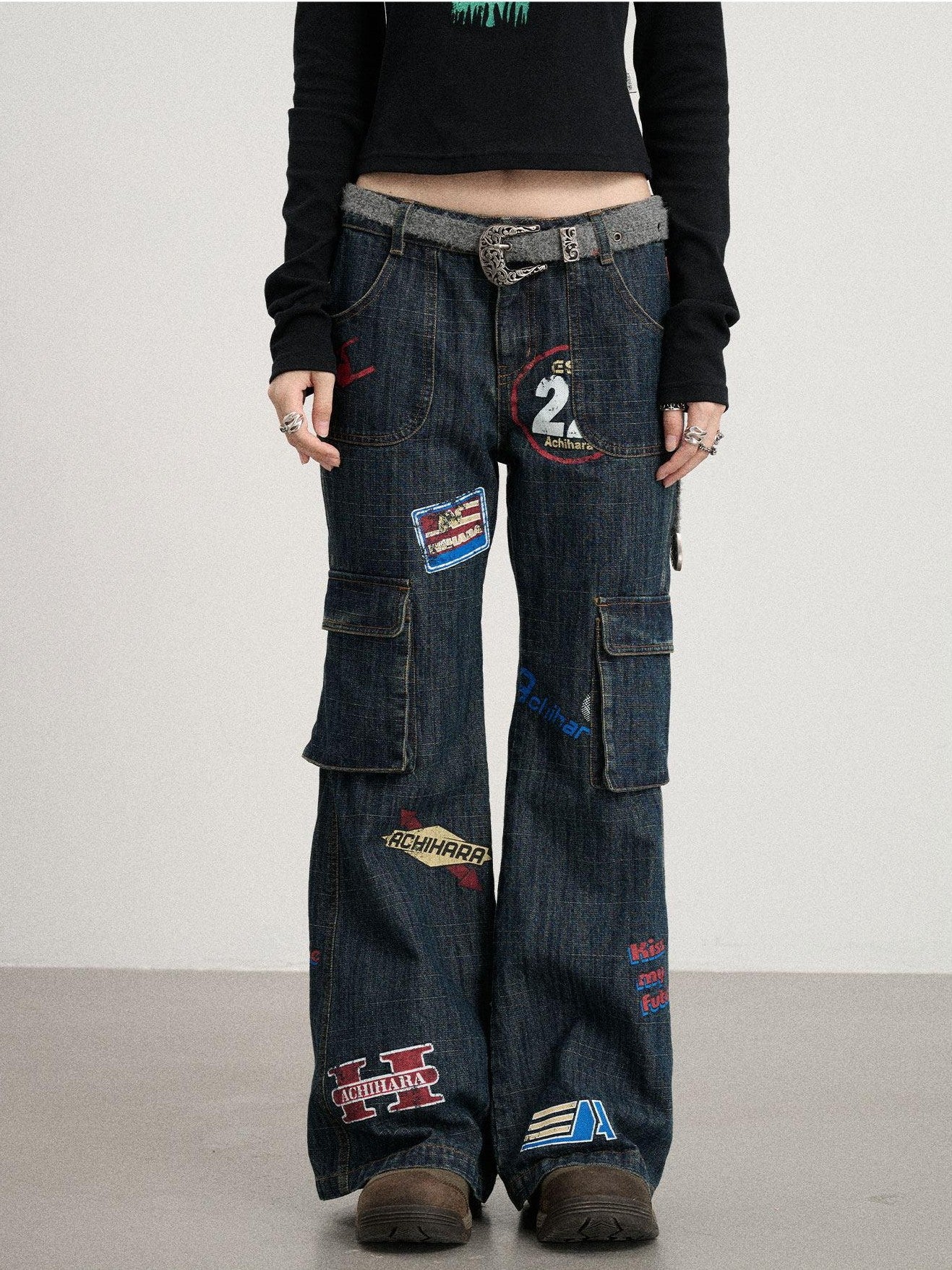 Achihara Deep Blue Distressed Stamp Workwear Women'S Cotton Stretch Denim Flare Jeans