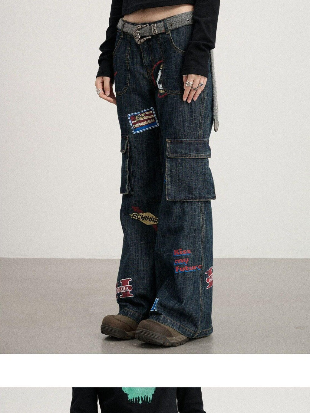 Achihara Deep Blue Distressed Stamp Workwear Women'S Cotton Stretch Denim Flare Jeans
