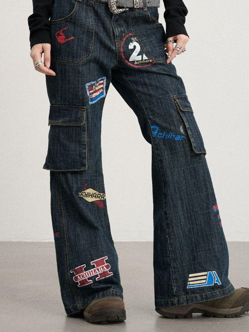 Achihara Deep Blue Distressed Stamp Workwear Women'S Cotton Stretch Denim Flare Jeans