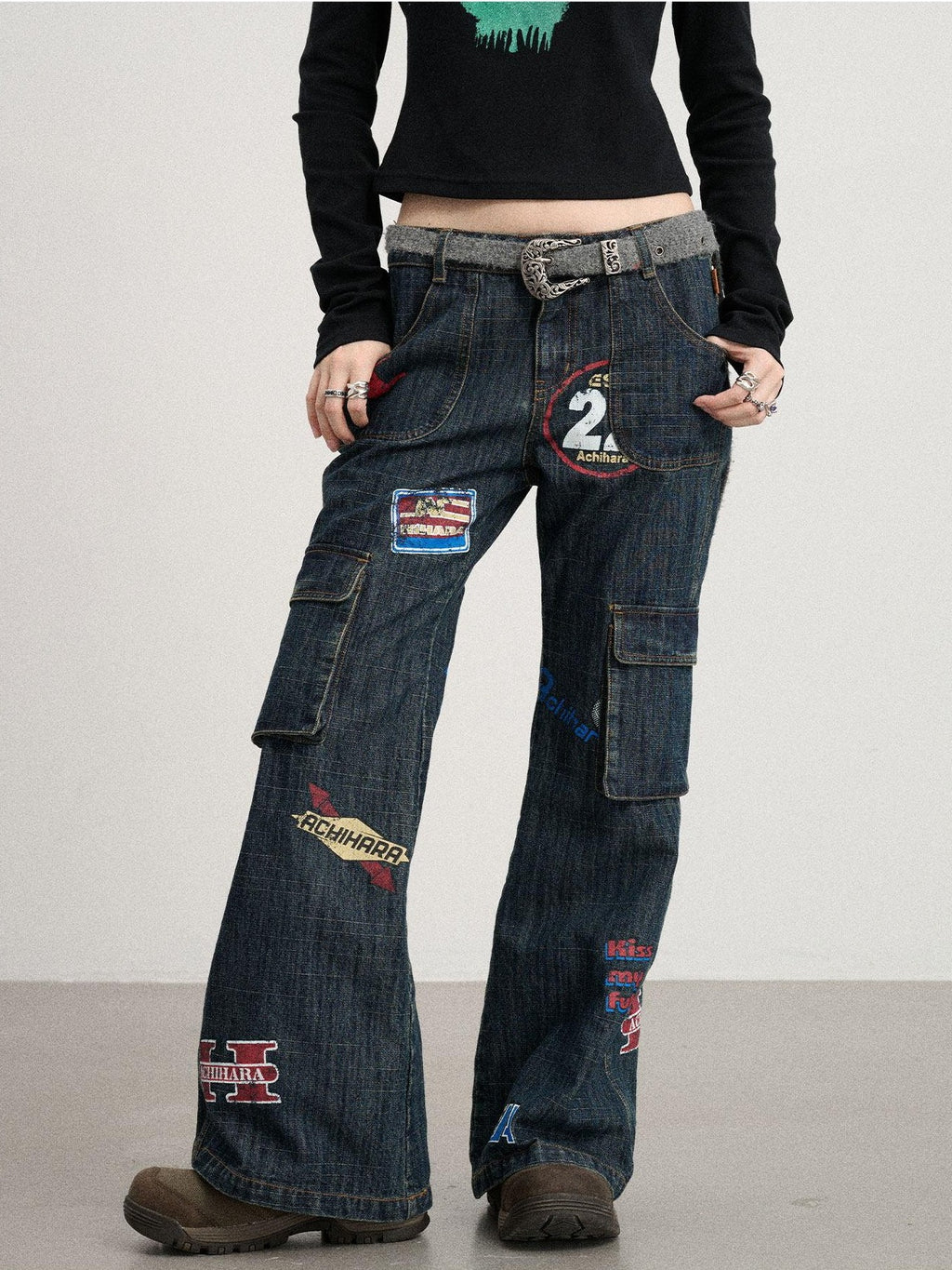 Achihara Deep Blue Distressed Stamp Workwear Women'S Cotton Stretch Denim Flare Jeans