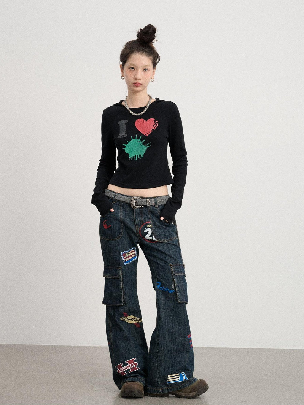 Achihara Deep Blue Distressed Stamp Workwear Women'S Cotton Stretch Denim Flare Jeans