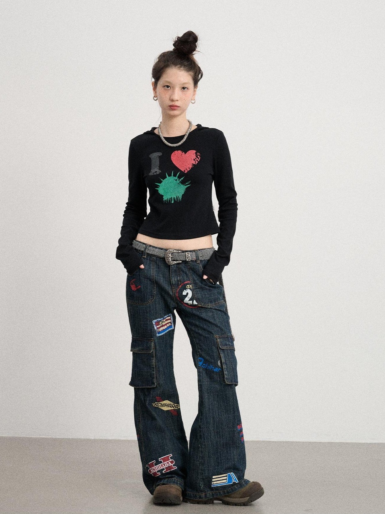 Achihara Deep Blue Distressed Stamp Workwear Women'S Cotton Stretch Denim Flare Jeans