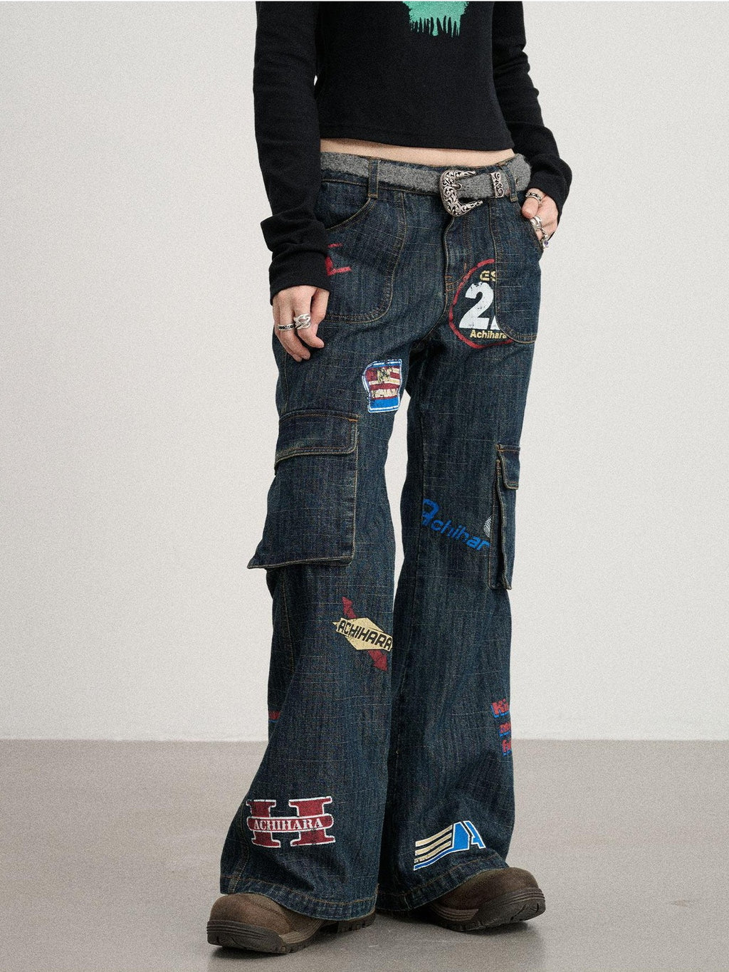 Achihara Deep Blue Distressed Stamp Workwear Women'S Cotton Stretch Denim Flare Jeans