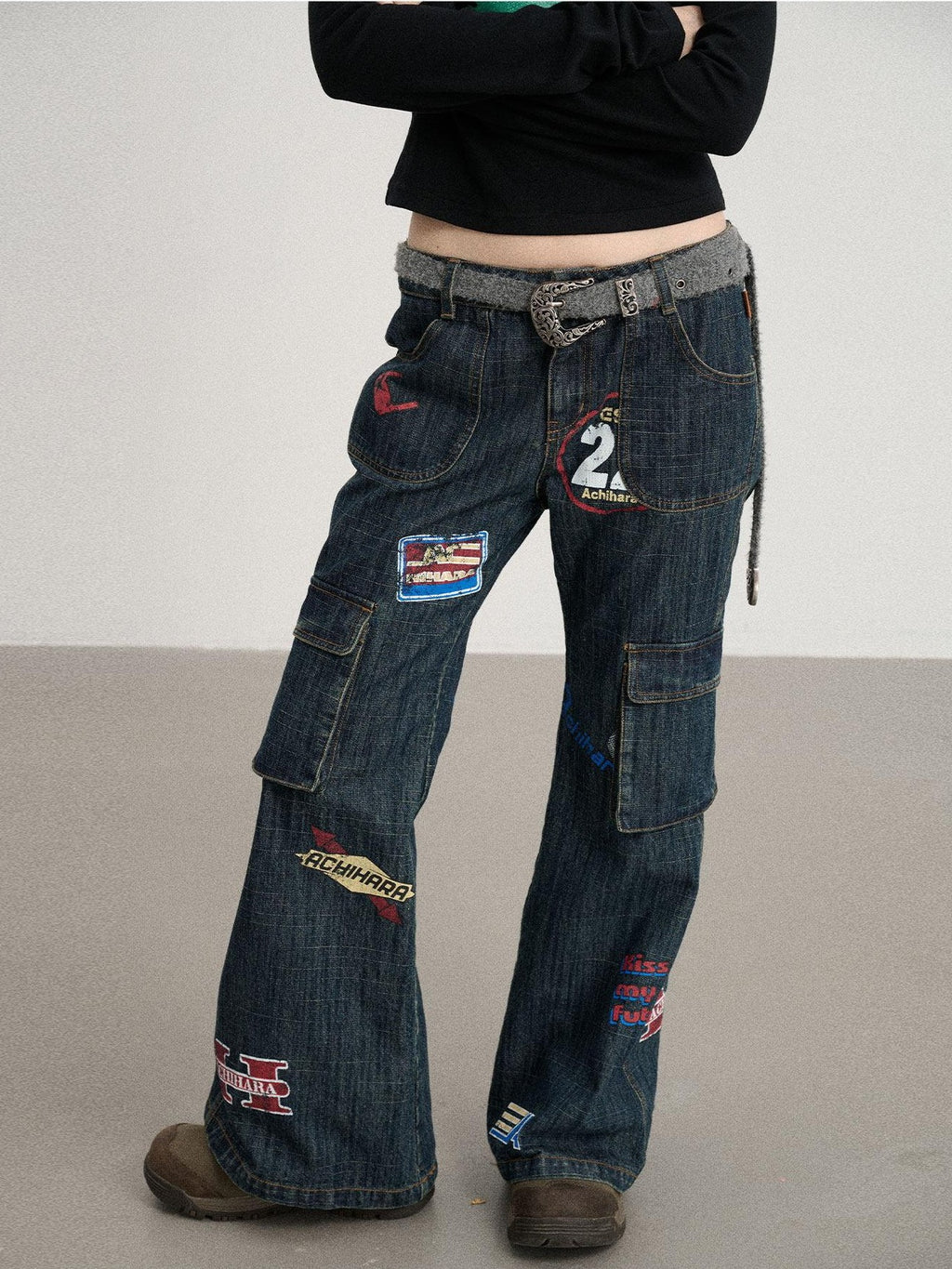 Achihara Deep Blue Distressed Stamp Workwear Women'S Cotton Stretch Denim Flare Jeans