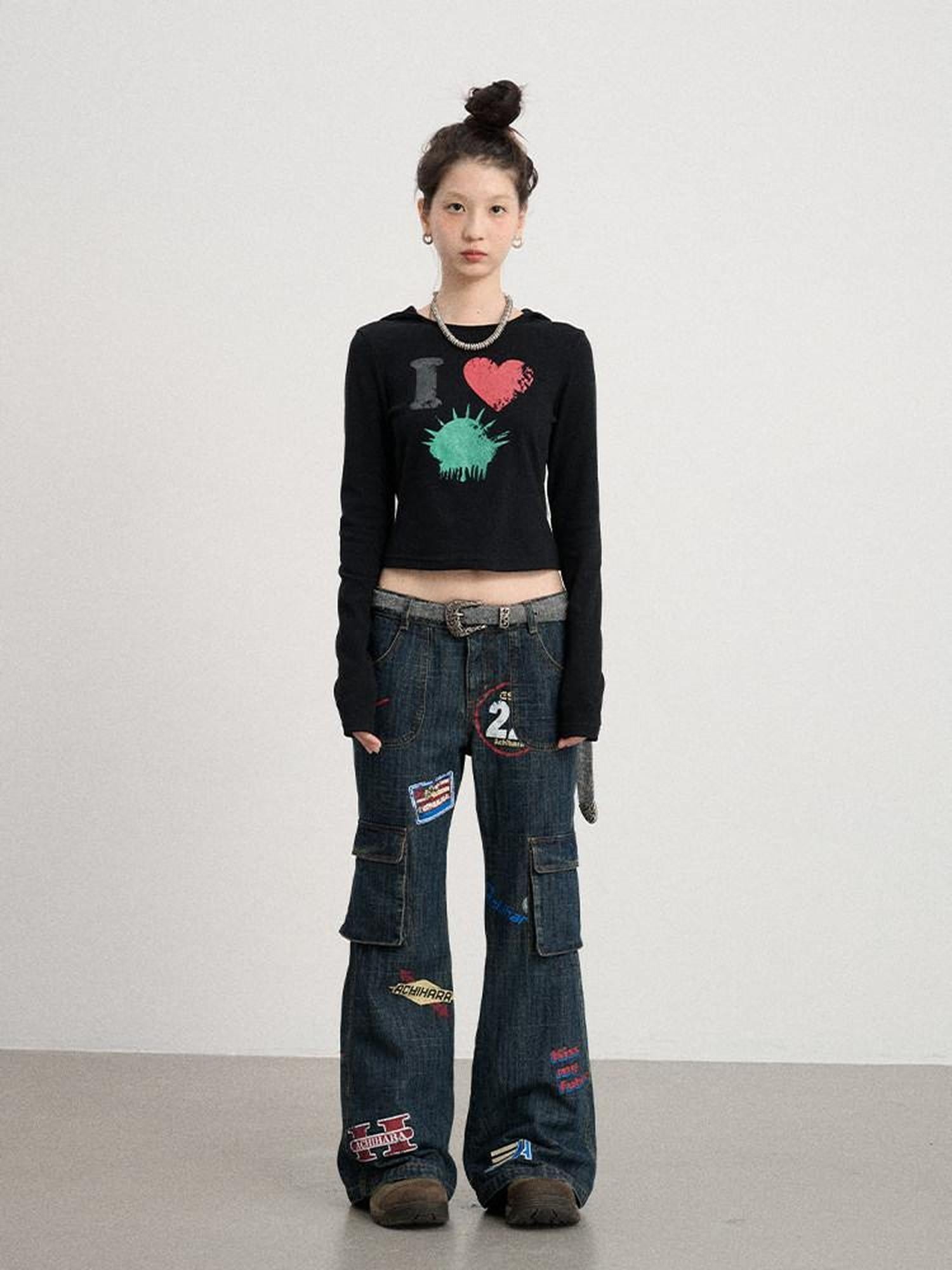 Achihara Deep Blue Distressed Stamp Workwear Women'S Cotton Stretch Denim Flare Jeans