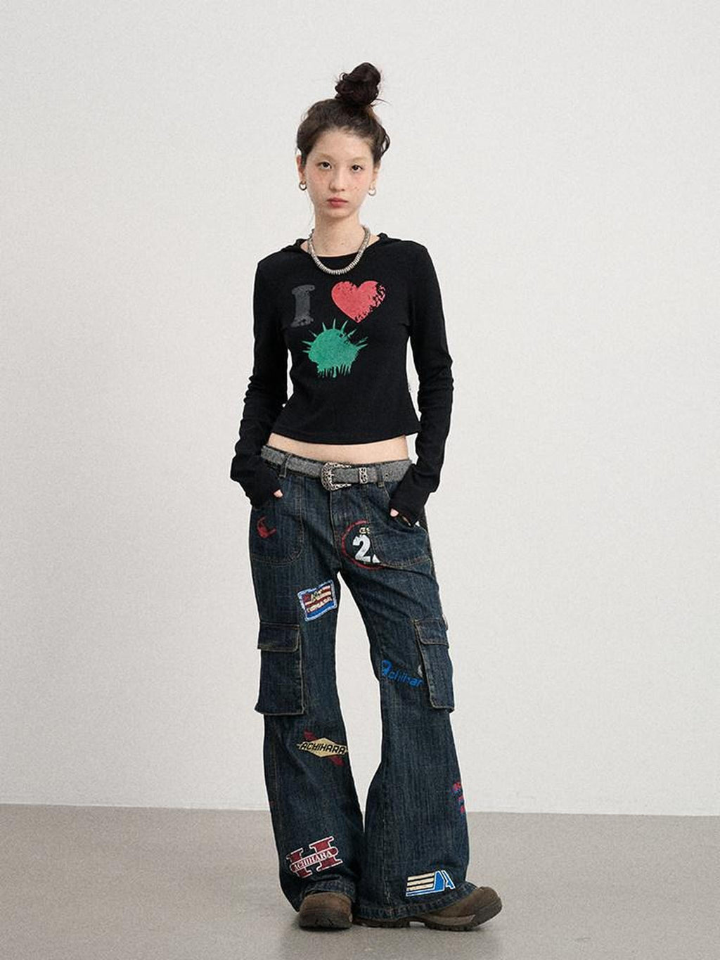 Achihara Deep Blue Distressed Stamp Workwear Women'S Cotton Stretch Denim Flare Jeans