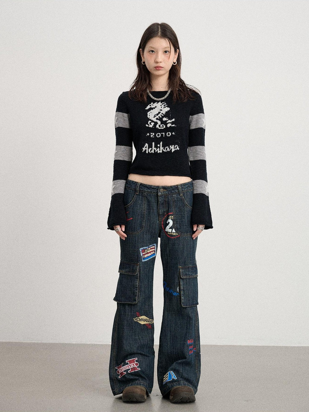 Achihara Deep Blue Distressed Stamp Workwear Women'S Cotton Stretch Denim Flare Jeans
