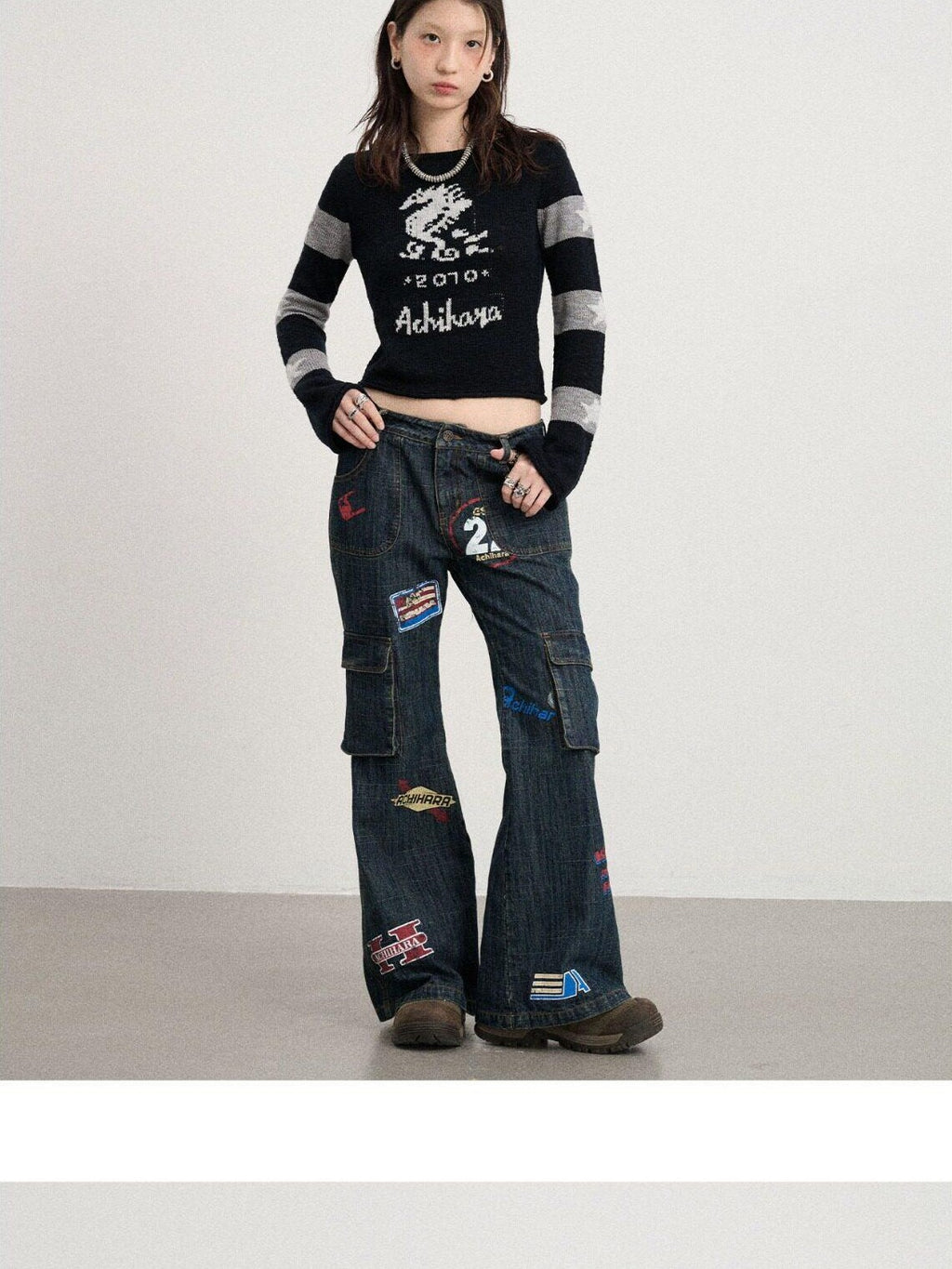 Achihara Deep Blue Distressed Stamp Workwear Women'S Cotton Stretch Denim Flare Jeans