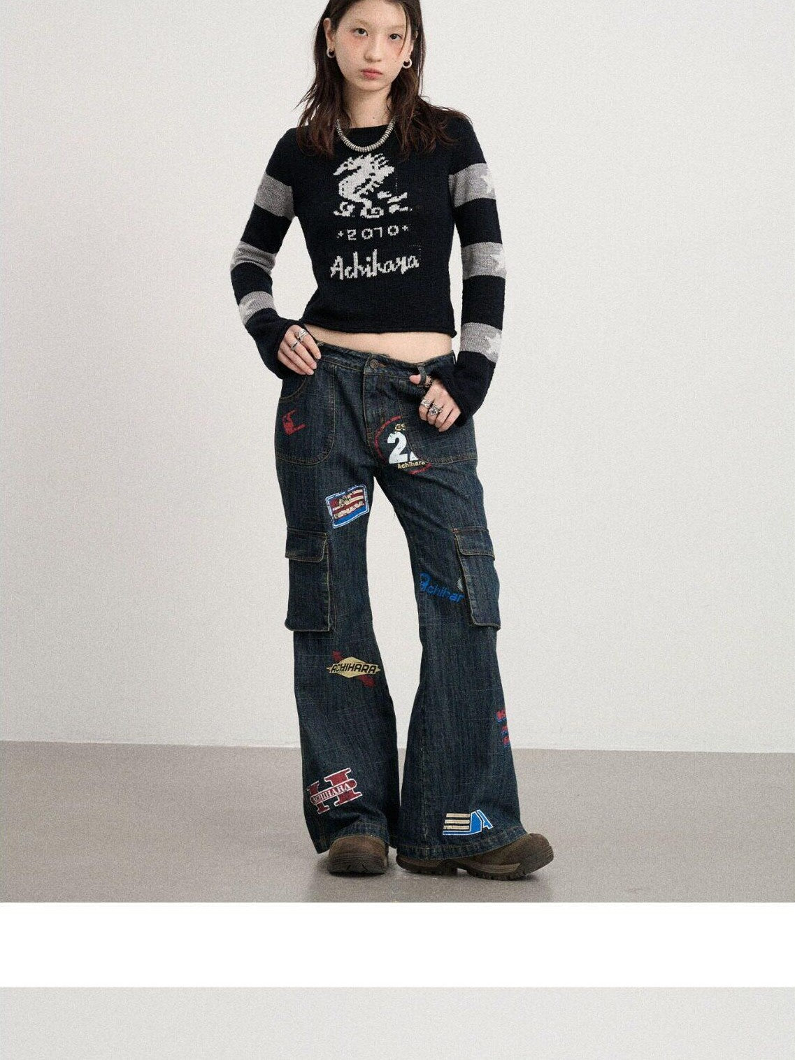 Achihara Deep Blue Distressed Stamp Workwear Women'S Cotton Stretch Denim Flare Jeans