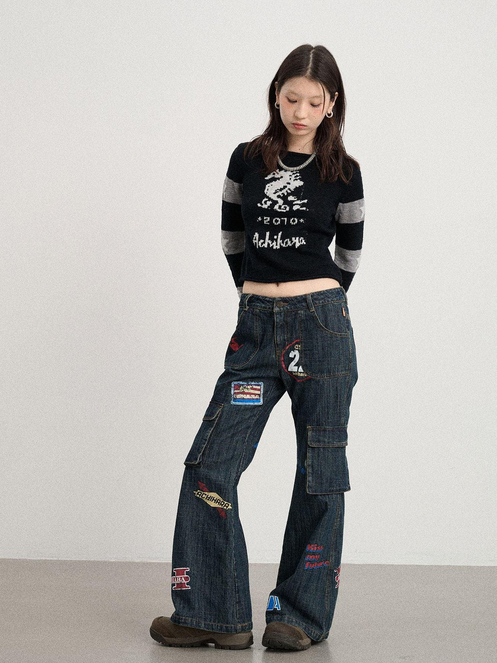 Achihara Deep Blue Distressed Stamp Workwear Women'S Cotton Stretch Denim Flare Jeans