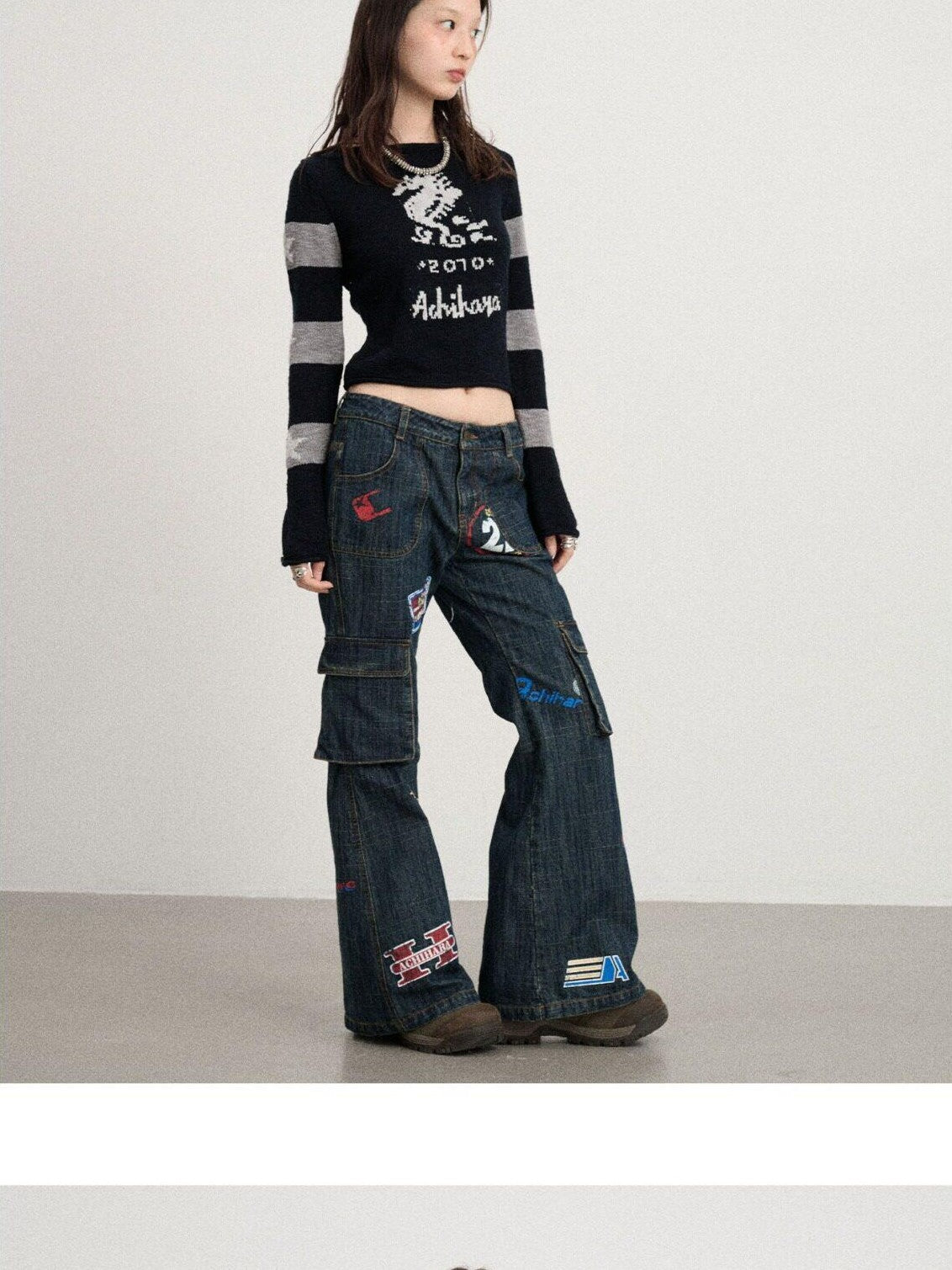Achihara Deep Blue Distressed Stamp Workwear Women'S Cotton Stretch Denim Flare Jeans
