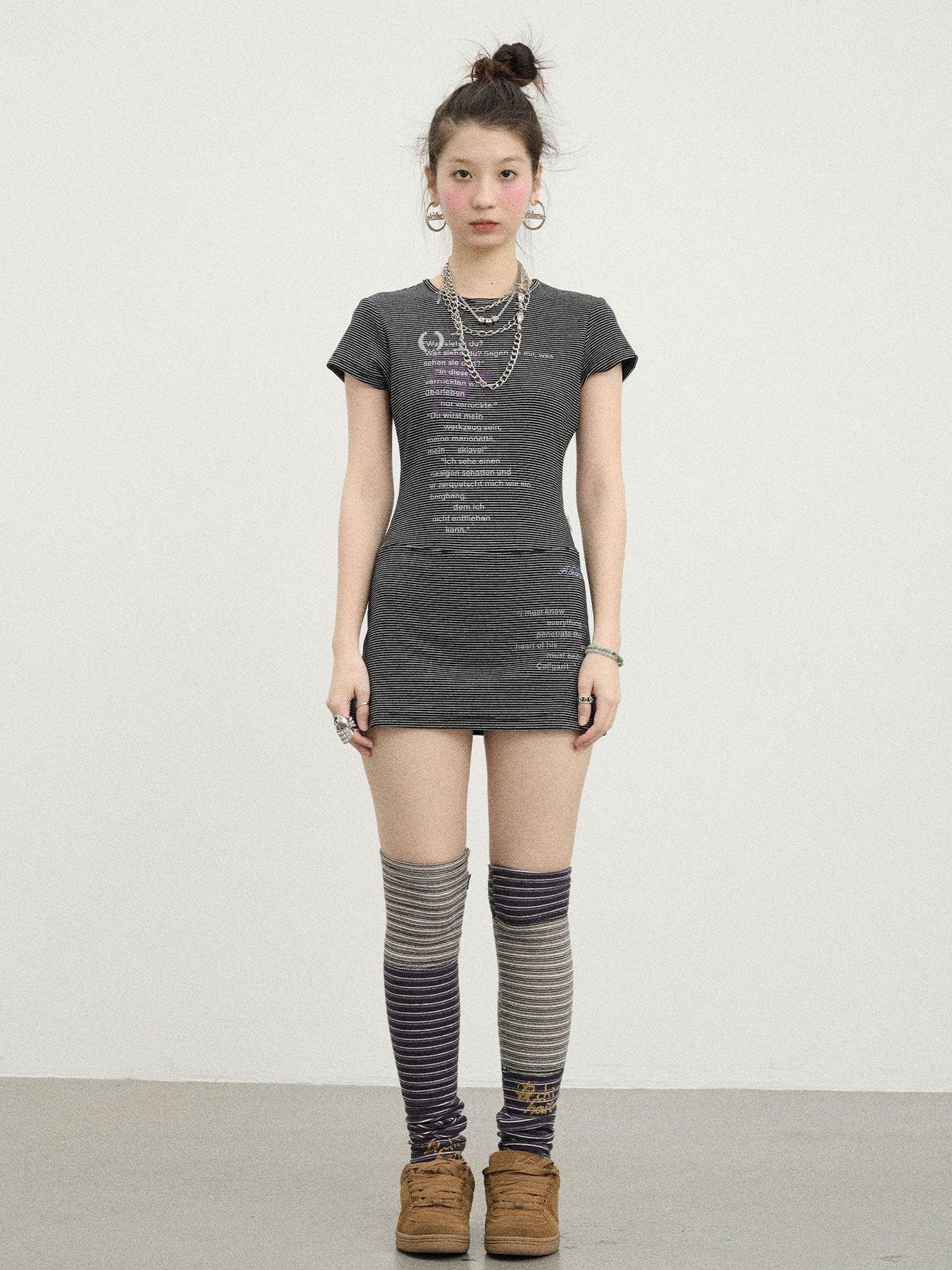 Achihara Distorted Pixel Striped Slim High Waist Women'S Cotton Blend Casual Mini Dresses