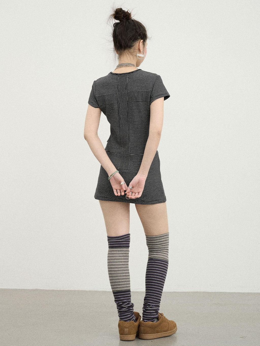Achihara Distorted Pixel Striped Slim High Waist Women'S Cotton Blend Casual Mini Dresses