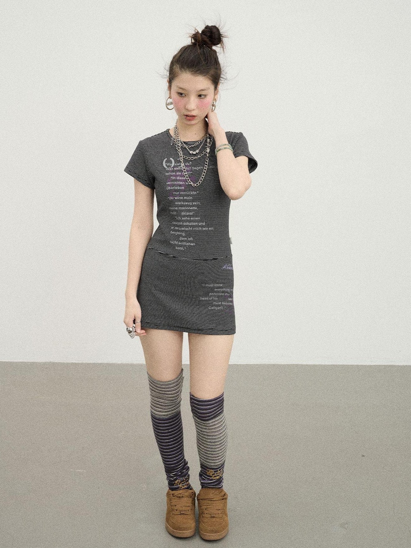 Achihara Distorted Pixel Striped Slim High Waist Women'S Cotton Blend Casual Mini Dresses