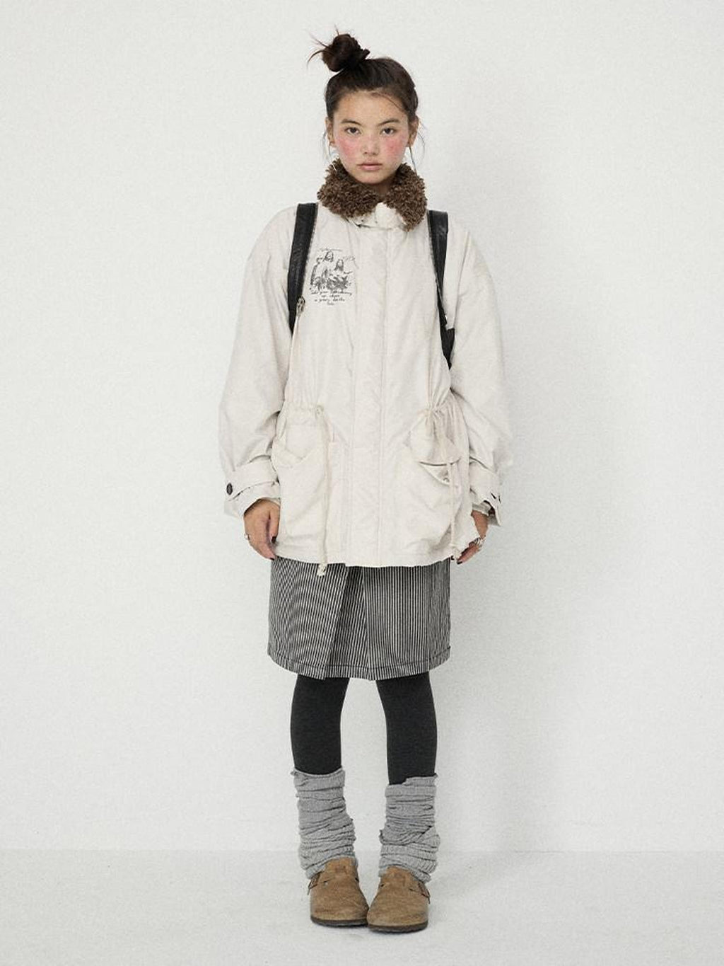 Achihara Dusk Trench Mid Length Zipper Solid Loose Fit Women'S Polyester Puffer Jackets
