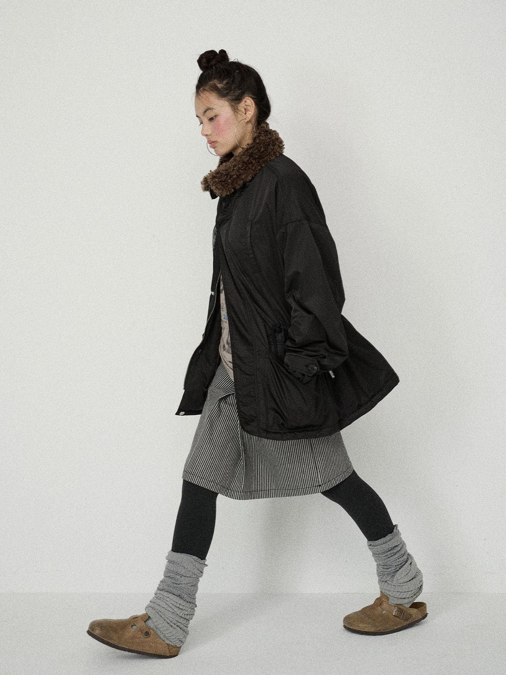 Achihara Dusk Trench Mid Length Zipper Solid Loose Fit Women'S Polyester Puffer Jackets