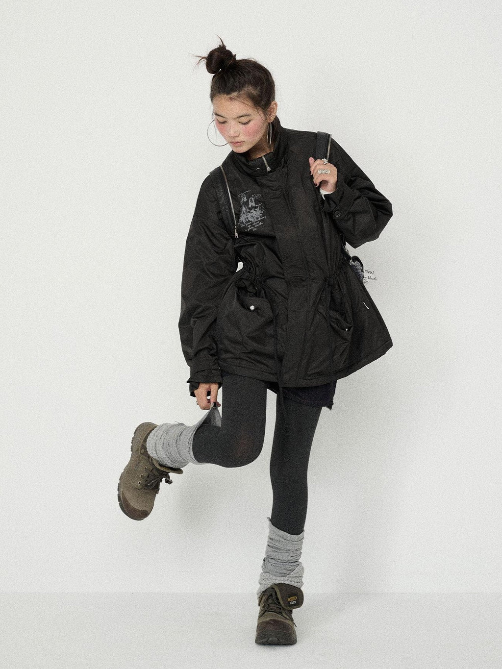 Achihara Dusk Trench Mid Length Zipper Solid Loose Fit Women'S Polyester Puffer Jackets