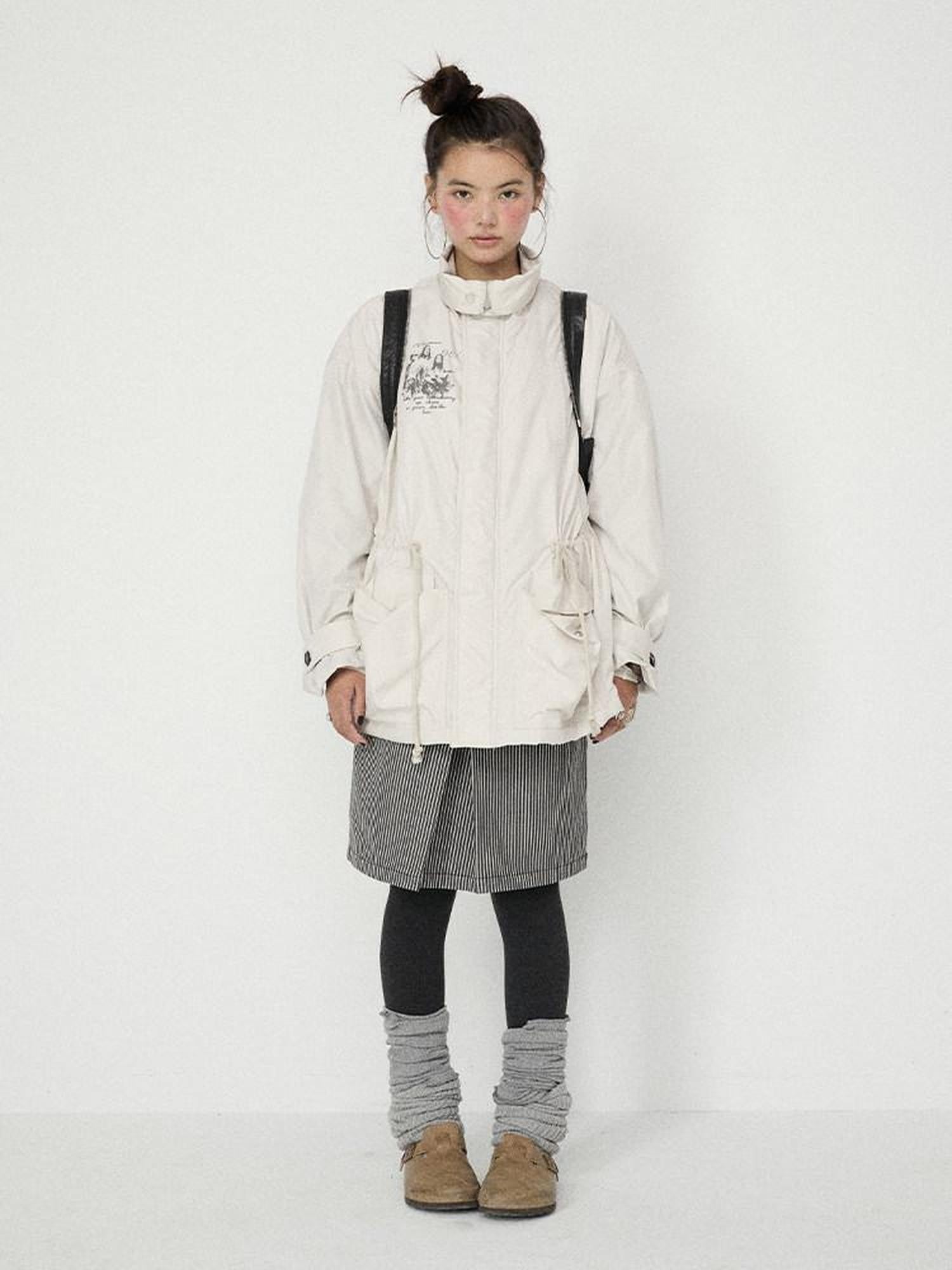 Achihara Dusk Trench Mid Length Zipper Solid Loose Fit Women'S Polyester Puffer Jackets