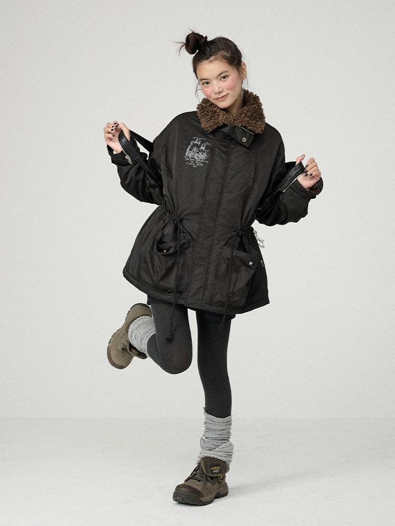 Achihara Dusk Trench Mid Length Zipper Solid Loose Fit Women'S Polyester Puffer Jackets