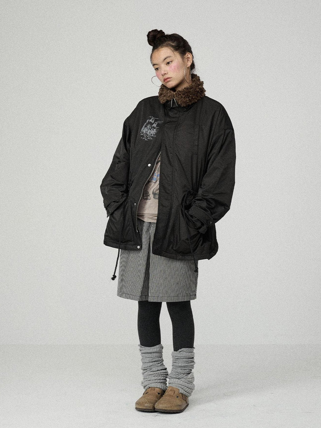 Achihara Dusk Trench Mid Length Zipper Solid Loose Fit Women'S Polyester Puffer Jackets