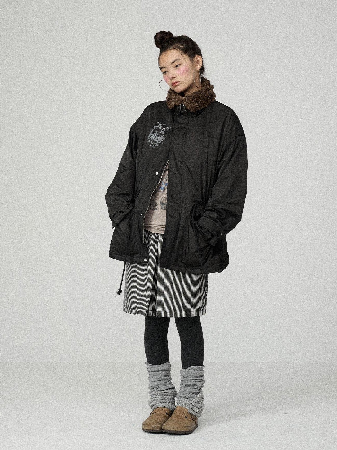 Achihara Dusk Trench Mid Length Zipper Solid Loose Fit Women'S Polyester Puffer Jackets
