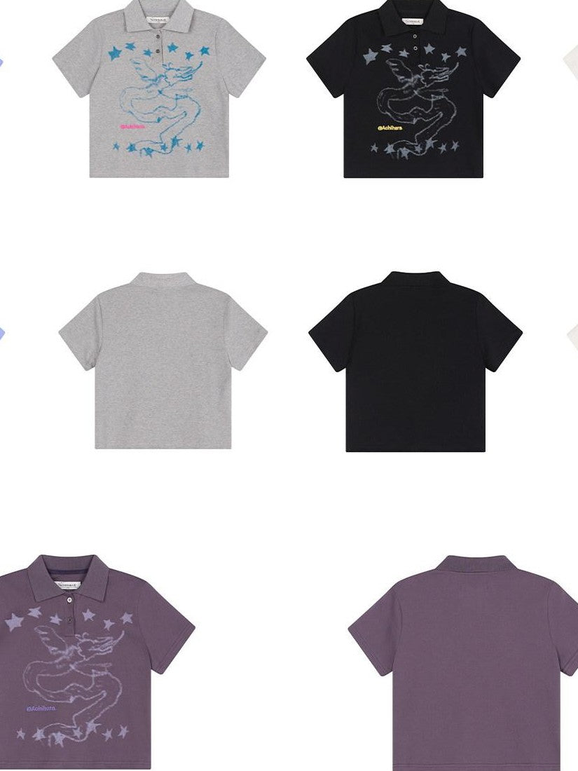 Achihara Electronic Dragon Print Polo Women'S Cotton Blend Short Sleeve T-Shirts