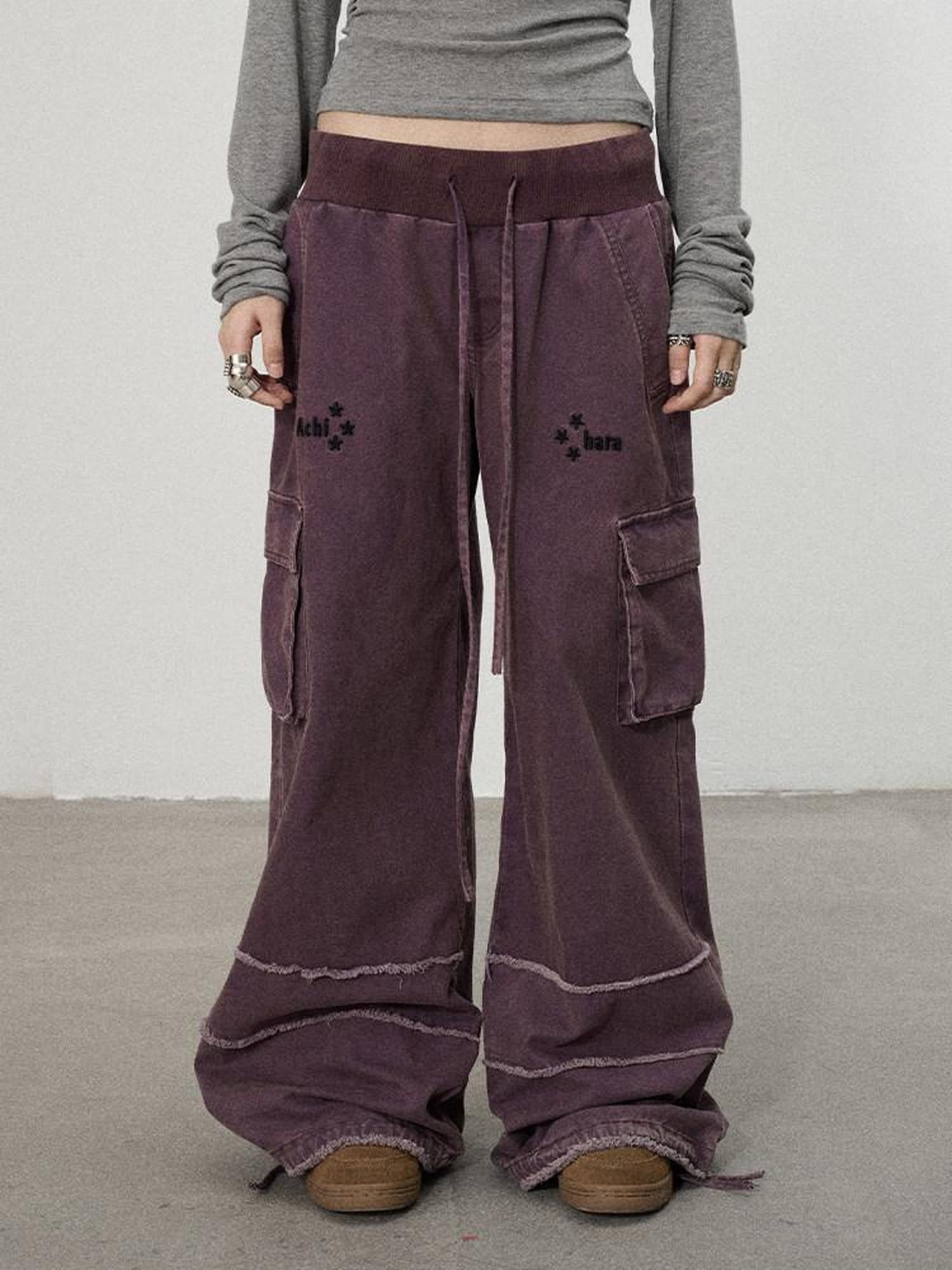 Achihara Faded Purple Star Print Cargo Women'S Cotton Mid Low Waist Wide-Leg Pants
