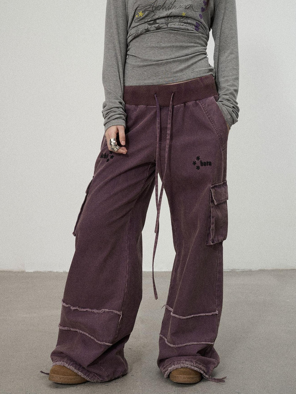 Achihara Faded Purple Star Print Cargo Women'S Cotton Mid Low Waist Wide-Leg Pants