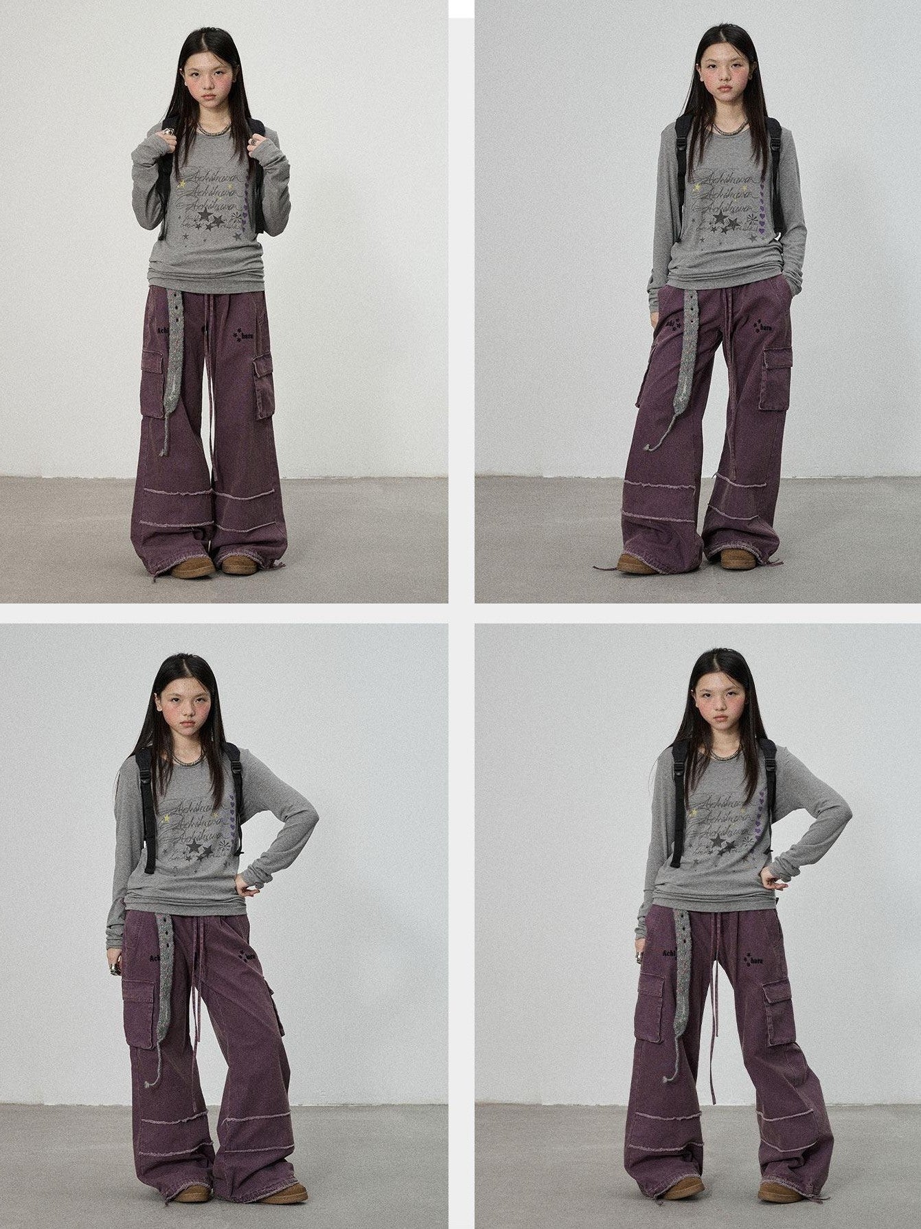 Achihara Faded Purple Star Print Cargo Women'S Cotton Mid Low Waist Wide-Leg Pants